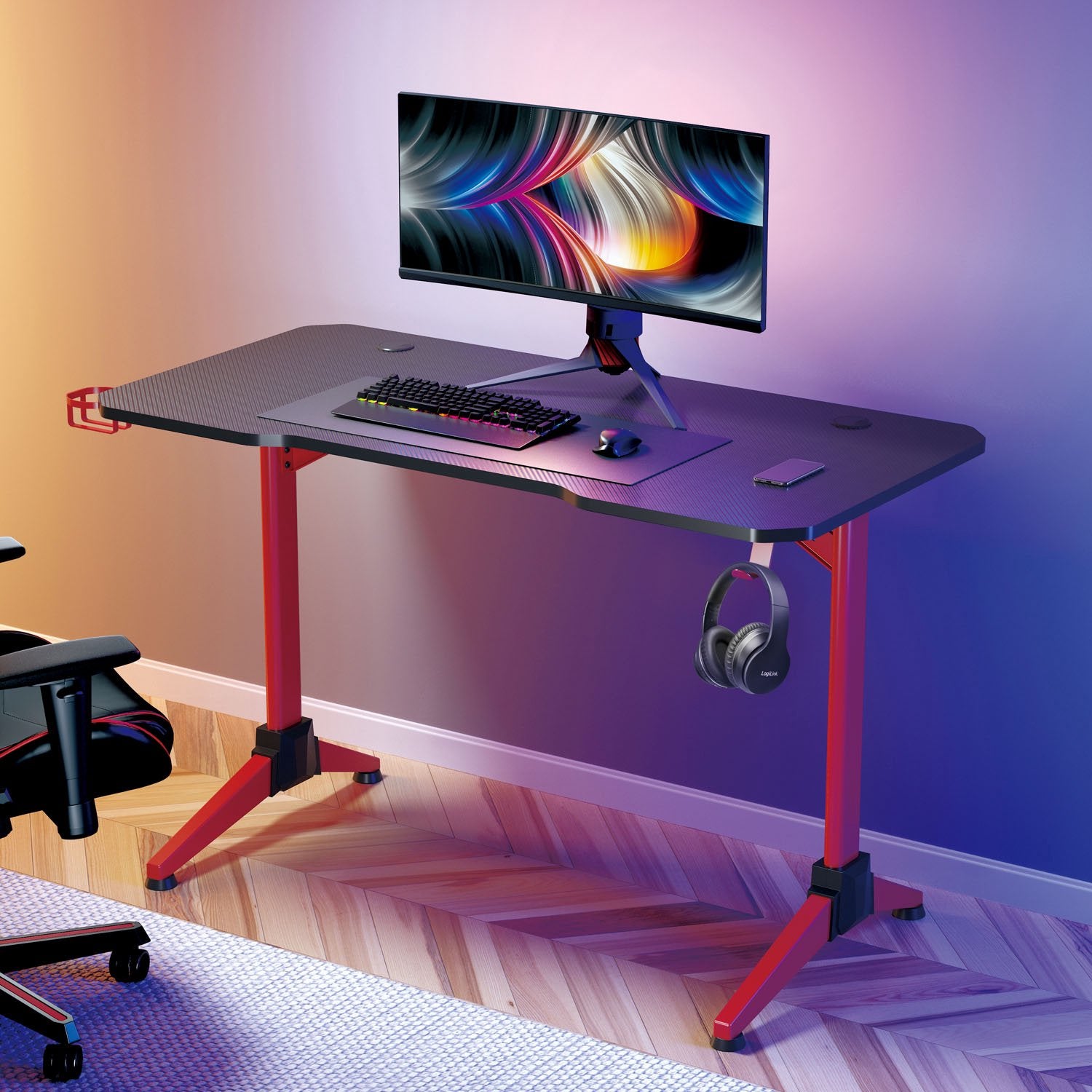Gaming Desk 120x60 cm with RGB Lighting, Black/Red