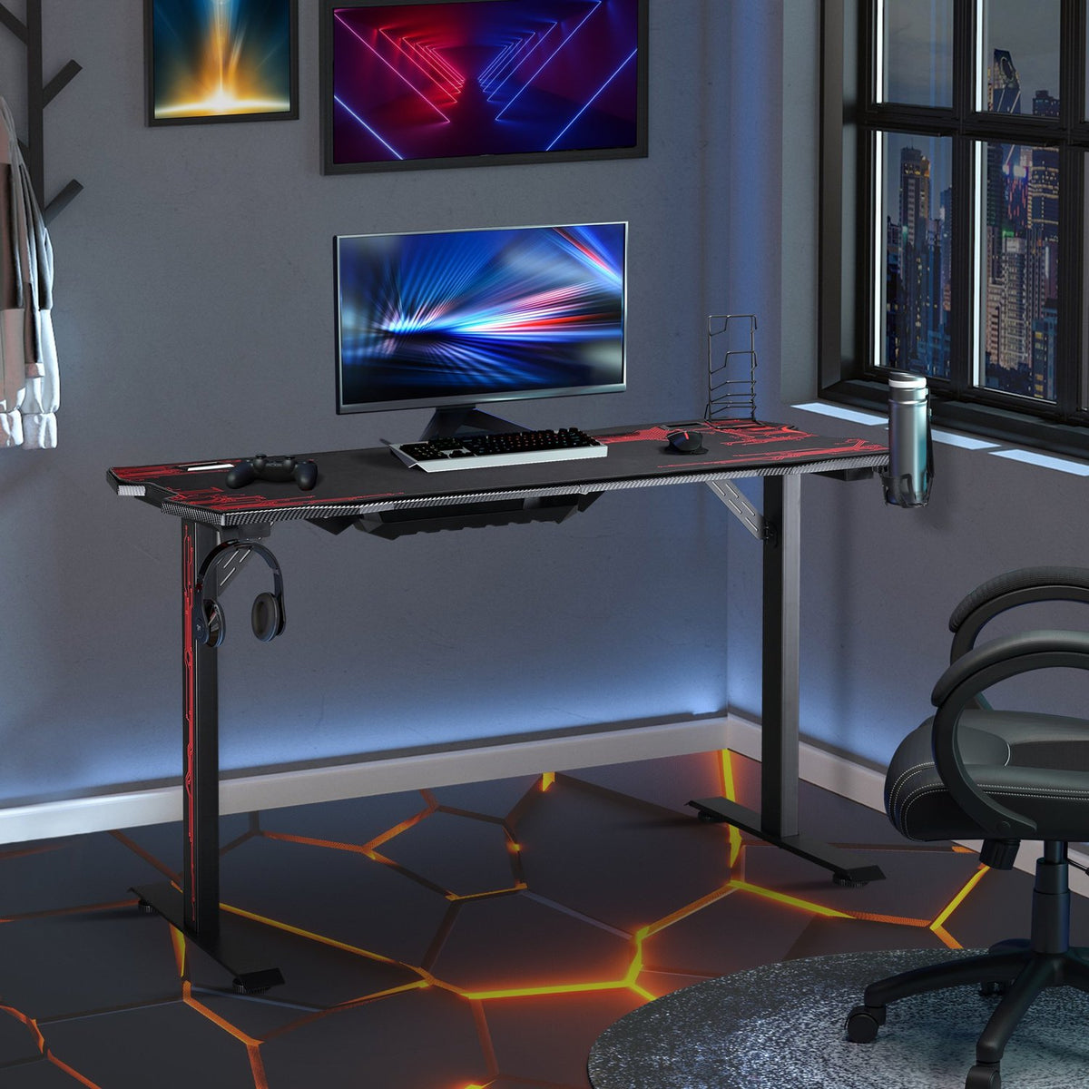 Gaming Desk Headphone Hook Cup Holder Mouse Pad Mdf Metal Black+Red 140X70X77Cm
