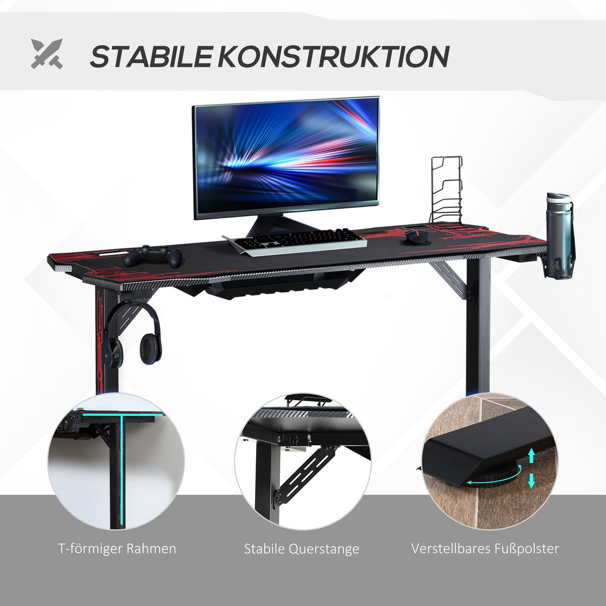 Gaming Desk Headphone Hook Cup Holder Mouse Pad Mdf Metal Black+Red 140X70X77Cm