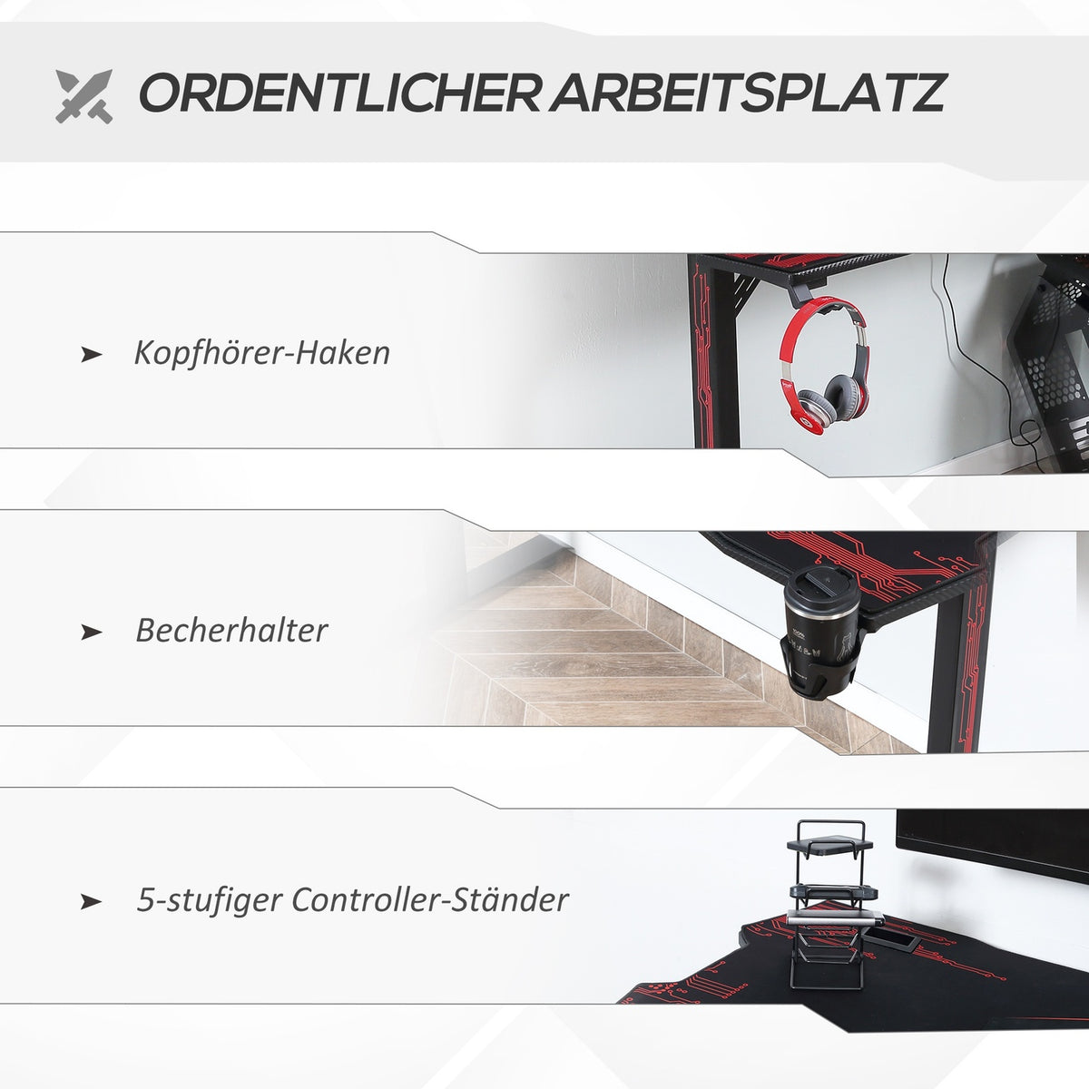 Gaming Desk Headphone Hook Cup Holder Mouse Pad Mdf Metal Black+Red 140X70X77Cm