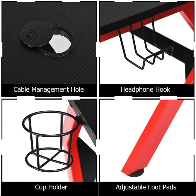 Gaming Desk, R-Shaped, Headphone Hook, Cup Holder, 115cm