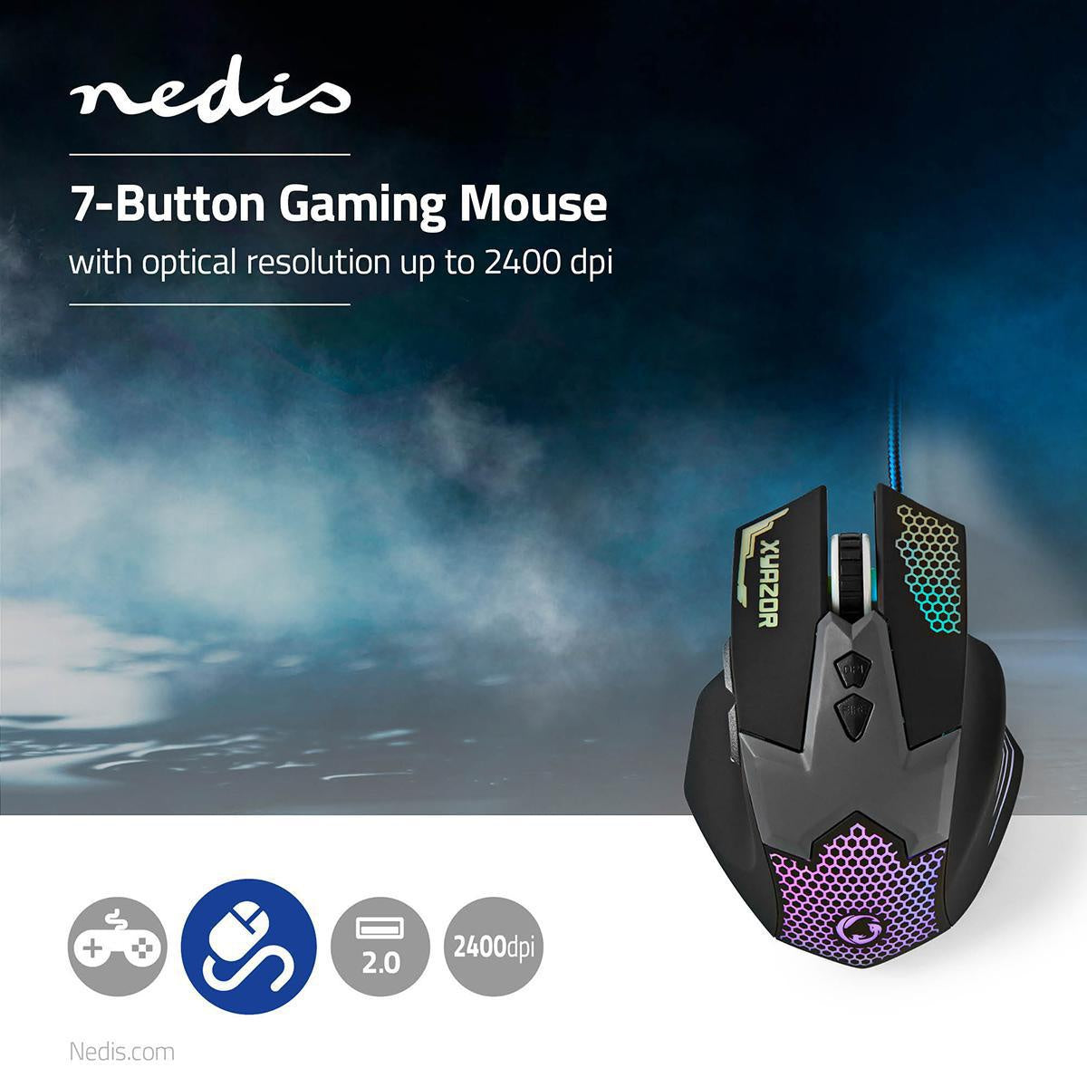 Gaming Mouse | Wire bound | 800 / 1200 / 1600 / 2400 dpi | Adjustable DPI | Number of buttons: 7 | Right-handed | 1.50 m | LEDs