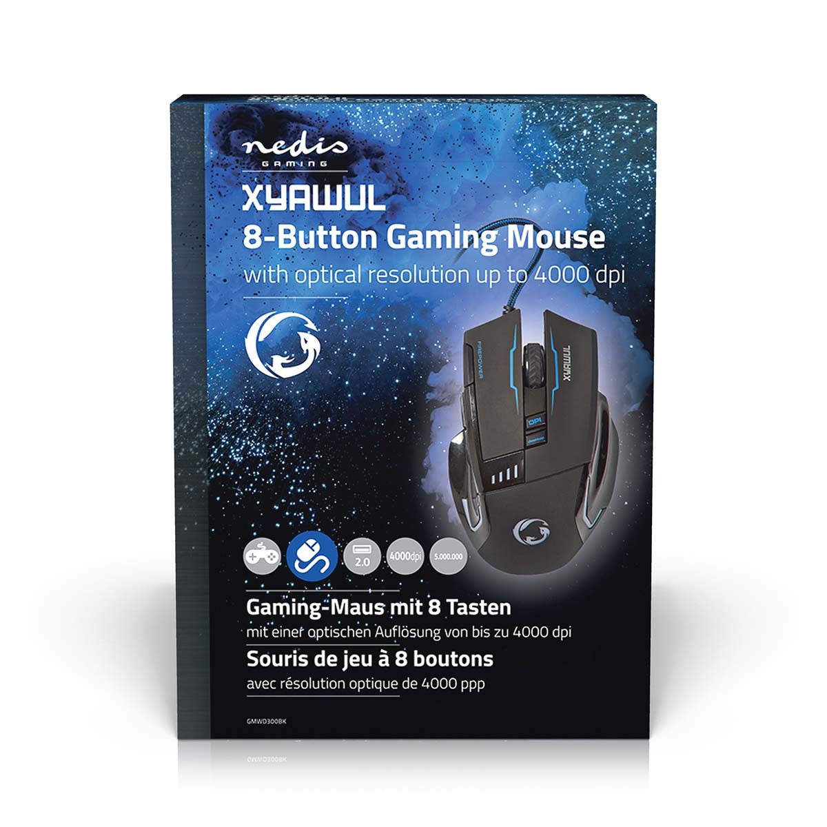 Gaming Mouse | Wire bound | 800 / 1600 / 2400 / 4000 dpi | Adjustable DPI | Number of buttons: 8 | Programmable buttons | Right-handed | 1.50 m | LEDs