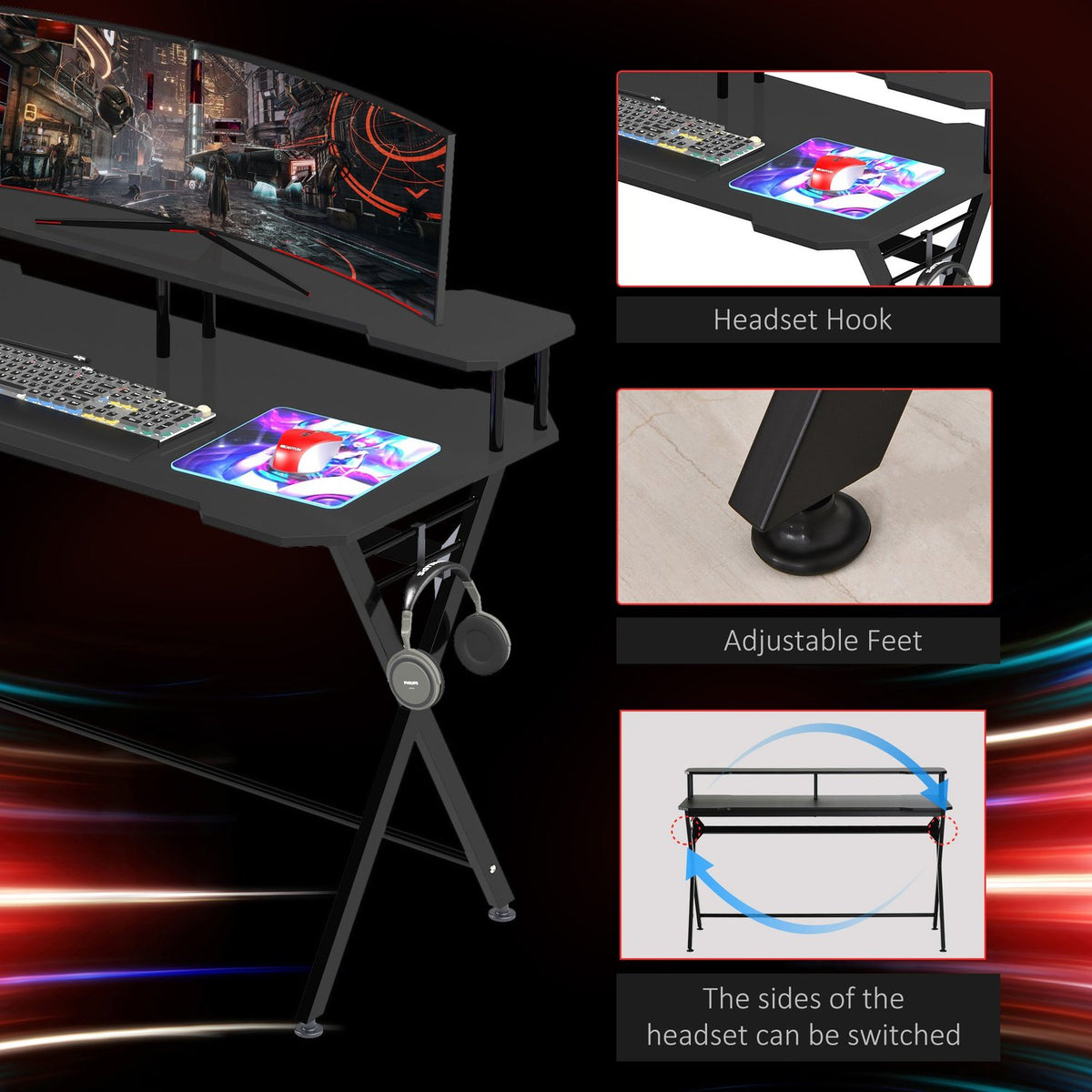 Gaming Table Desk Headphone Hook Steel + Mdf Black 120X60X90Cm