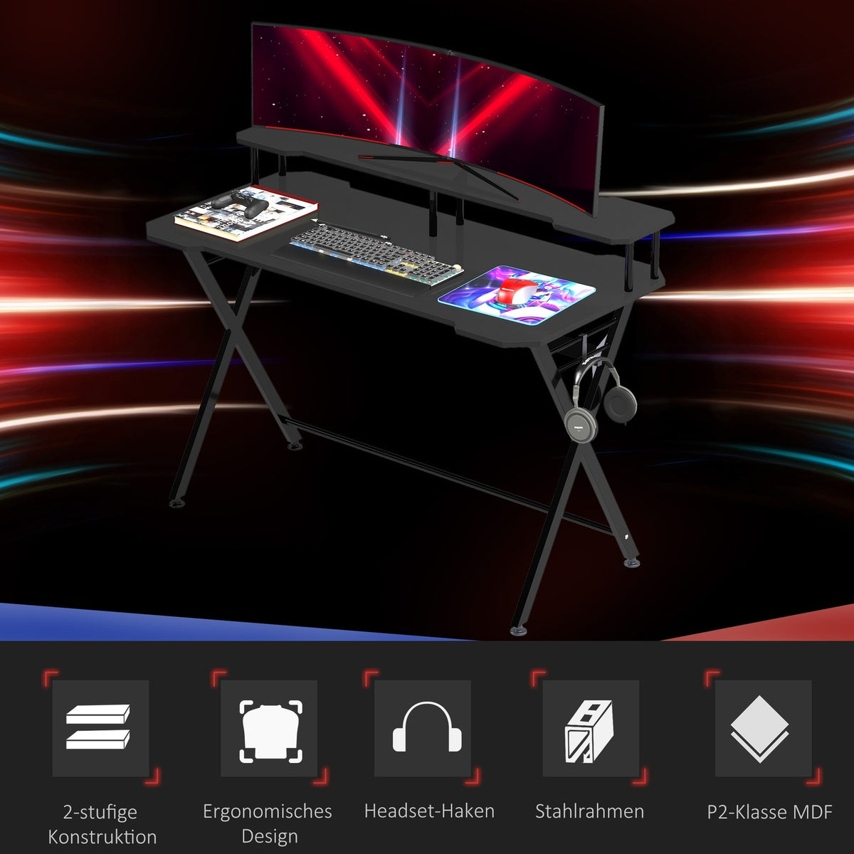 Gaming Table Desk Headphone Hook Steel + Mdf Black 120X60X90Cm
