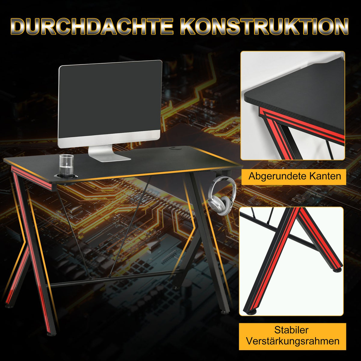 Gaming Table Desk With Headphone Hook And Cup Holder, Steel + Mdf, Black, 105X55X75Cm