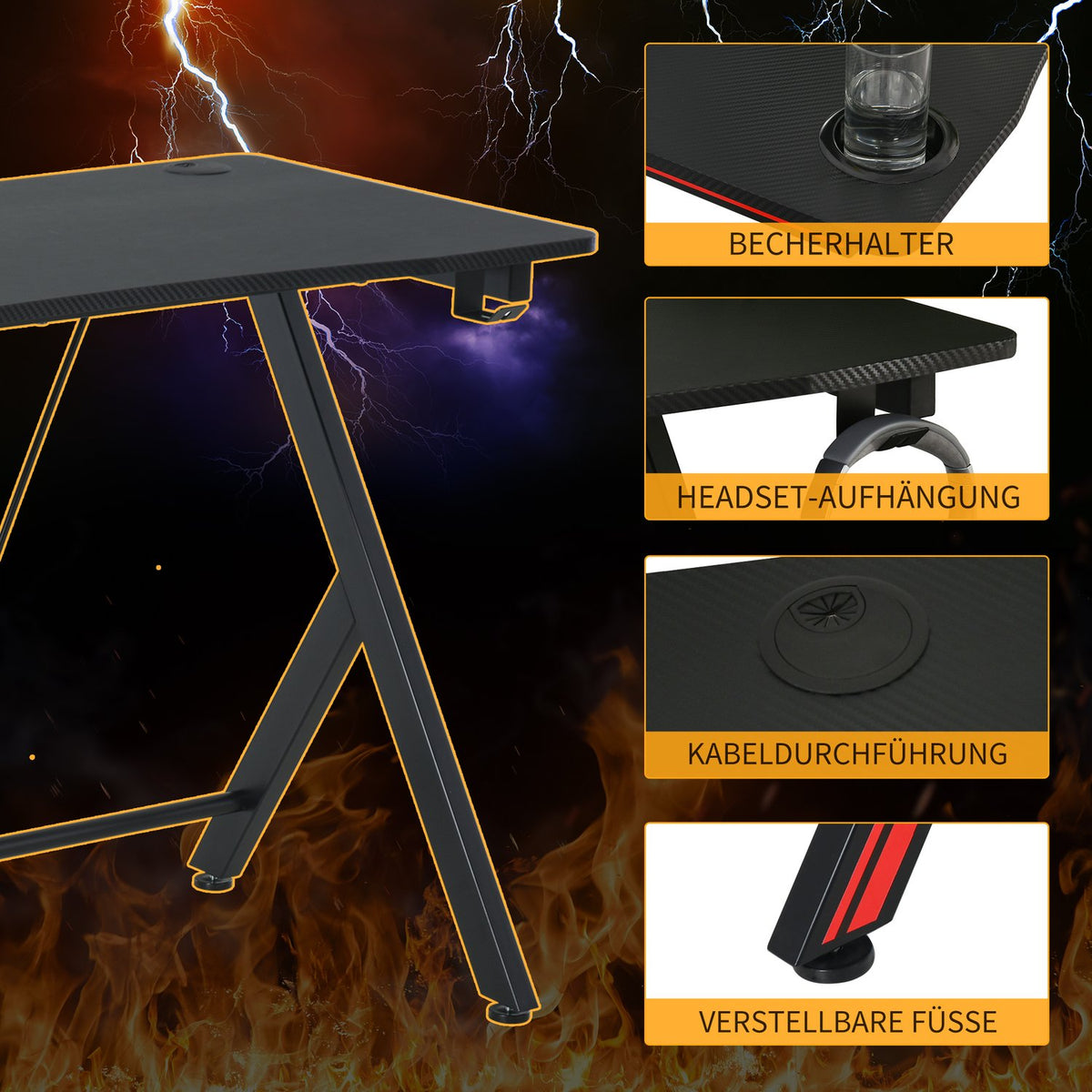 Gaming Table Desk With Headphone Hook And Cup Holder, Steel + Mdf, Black, 105X55X75Cm