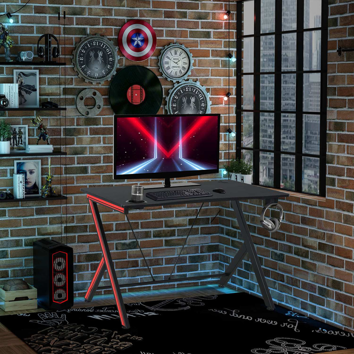 Gaming Table Desk With Headphone Hook And Cup Holder, Steel + Mdf, Black, 105X55X75Cm