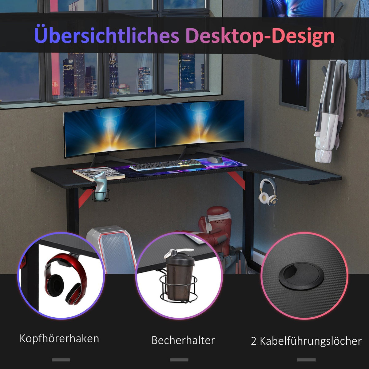 Gaming Table Pc Table Desk With Headphone Hook & Cup Holder, Metal Mdf, Black+Red, 157X111.8X74Cm