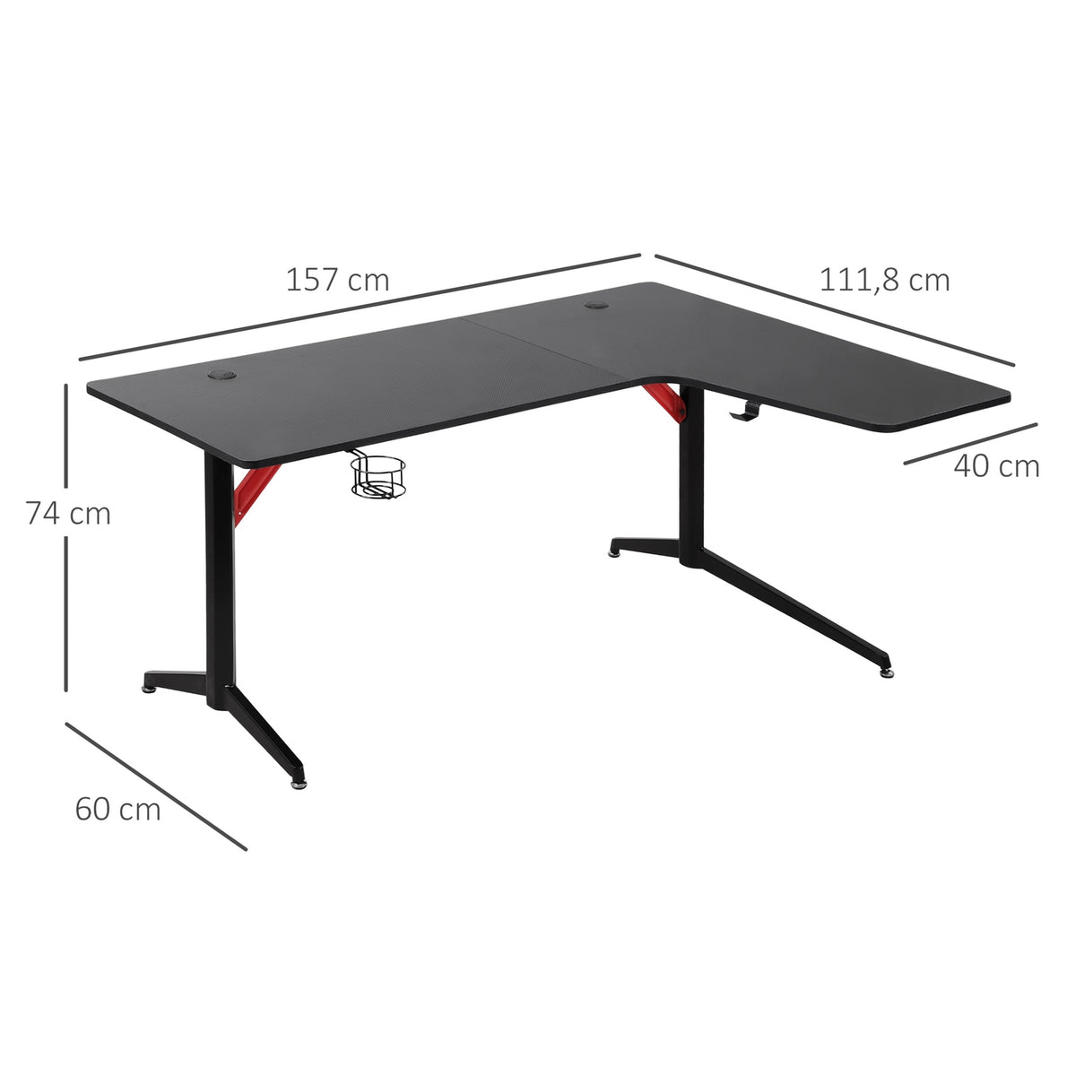 Gaming Table Pc Table Desk With Headphone Hook & Cup Holder, Metal Mdf, Black+Red, 157X111.8X74Cm