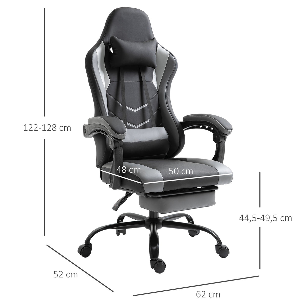Gaming chair, height adjustable including headrest, adjustable lumbar cushion with footrests, ergonomic, up to 120 kg, black