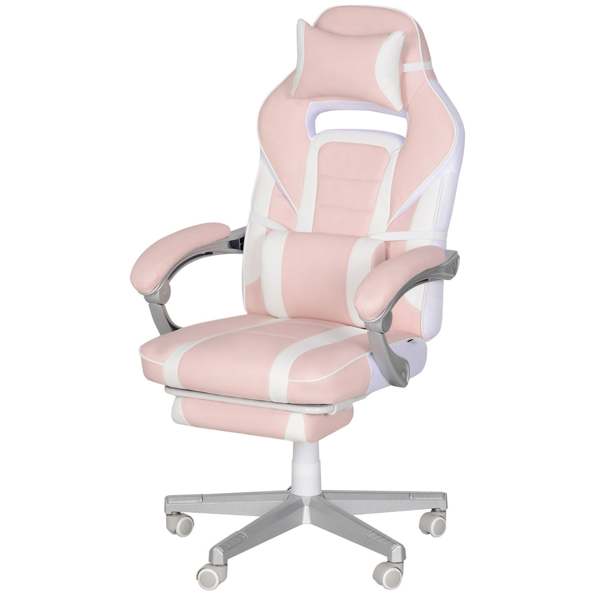 Gaming chair with footrest, height-adjustable desk chair with head and lumbar cushion, rotating gaming chair with tilting backrest, faux leather, up to 120 kg, pink