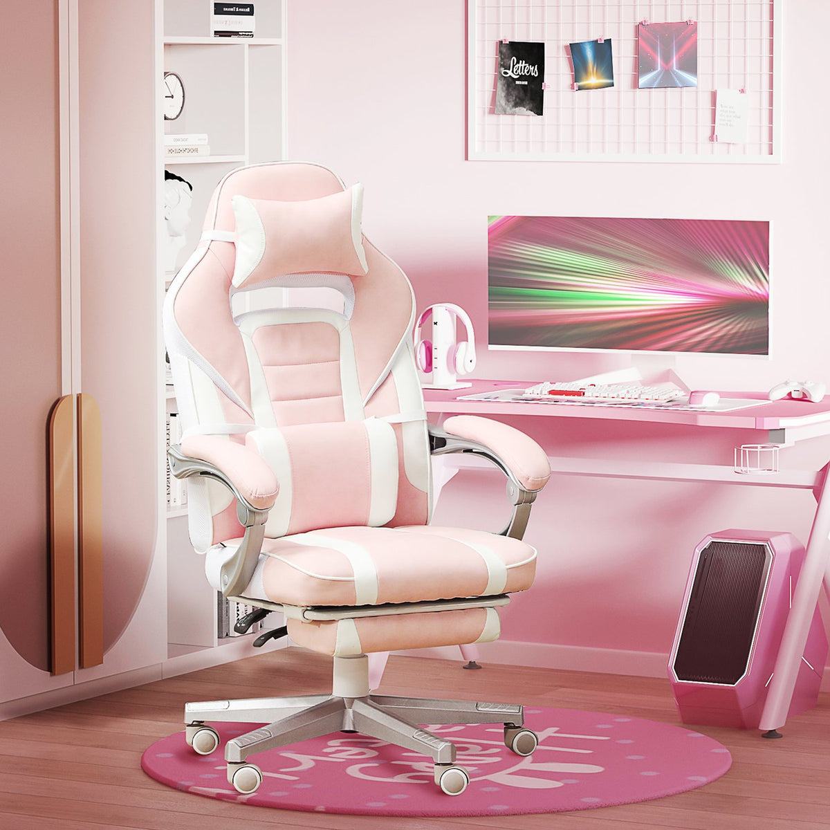 Gaming chair with footrest, height-adjustable desk chair with head and lumbar cushion, rotating gaming chair with tilting backrest, faux leather, up to 120 kg, pink
