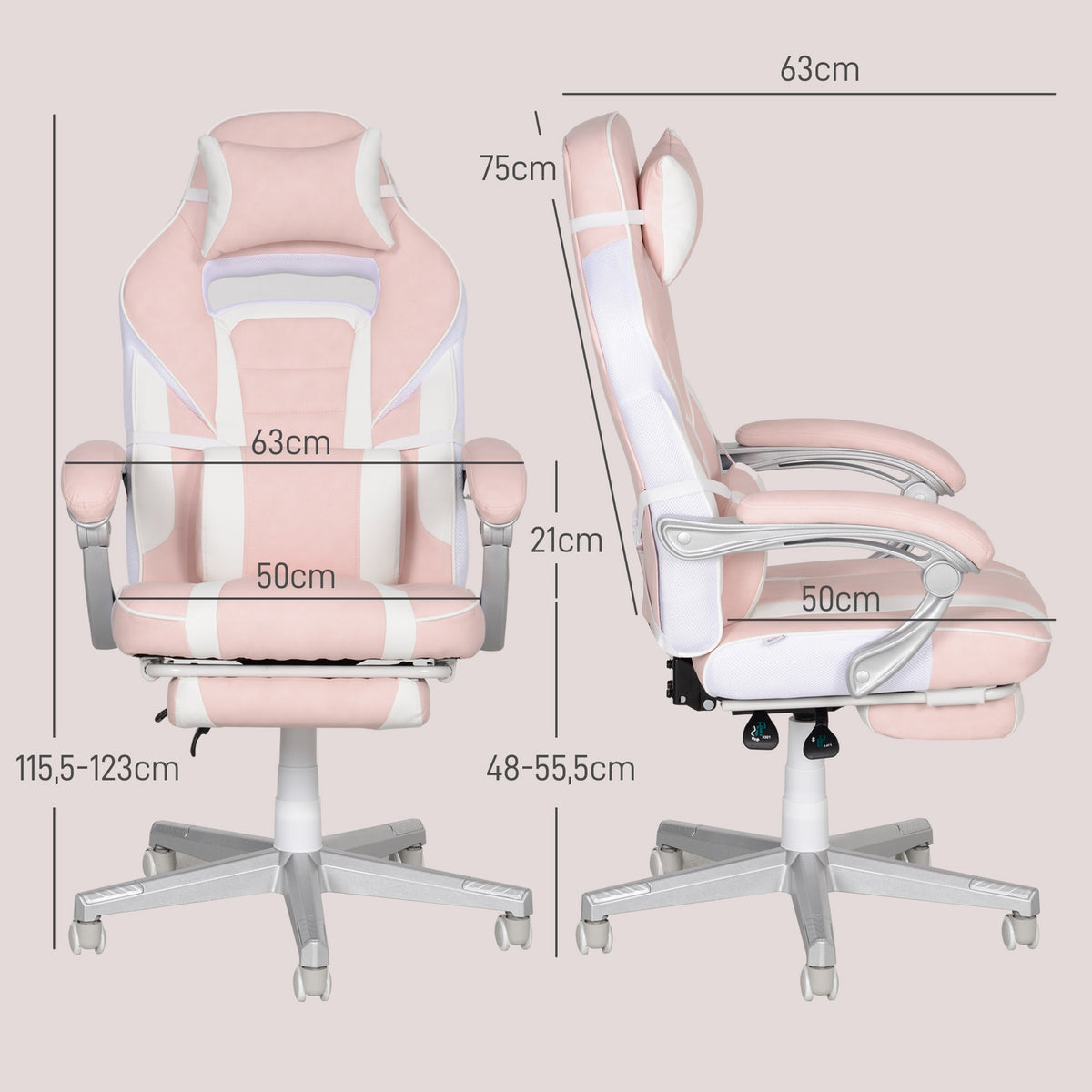 Gaming chair with footrest, height-adjustable desk chair with head and lumbar cushion, rotating gaming chair with tilting backrest, faux leather, up to 120 kg, pink