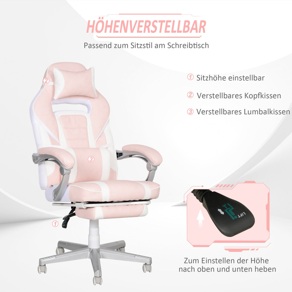 Gaming chair with footrest, height-adjustable desk chair with head and lumbar cushion, rotating gaming chair with tilting backrest, faux leather, up to 120 kg, pink