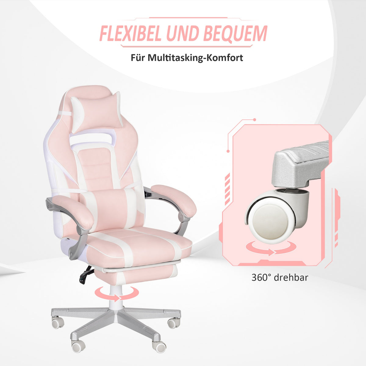 Gaming chair with footrest, height-adjustable desk chair with head and lumbar cushion, rotating gaming chair with tilting backrest, faux leather, up to 120 kg, pink