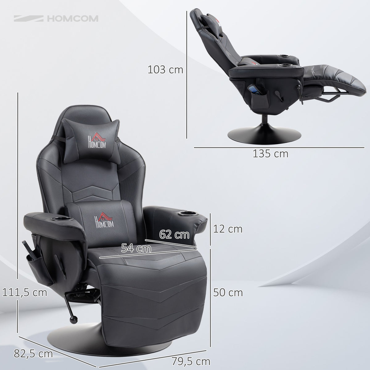 Gaming chair with massage, 360° rotatable, 6 massage points, footrest, removable headrest, artificial leather, 79.5 x 82.5 x 111.5cm, black