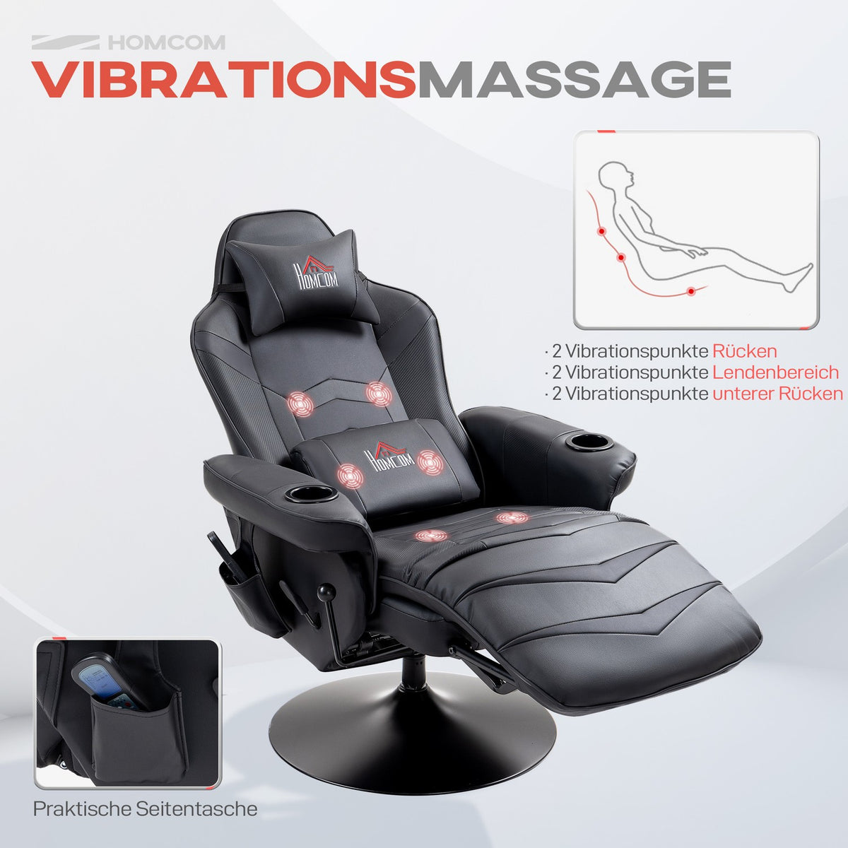 Gaming chair with massage, 360° rotatable, 6 massage points, footrest, removable headrest, artificial leather, 79.5 x 82.5 x 111.5cm, black