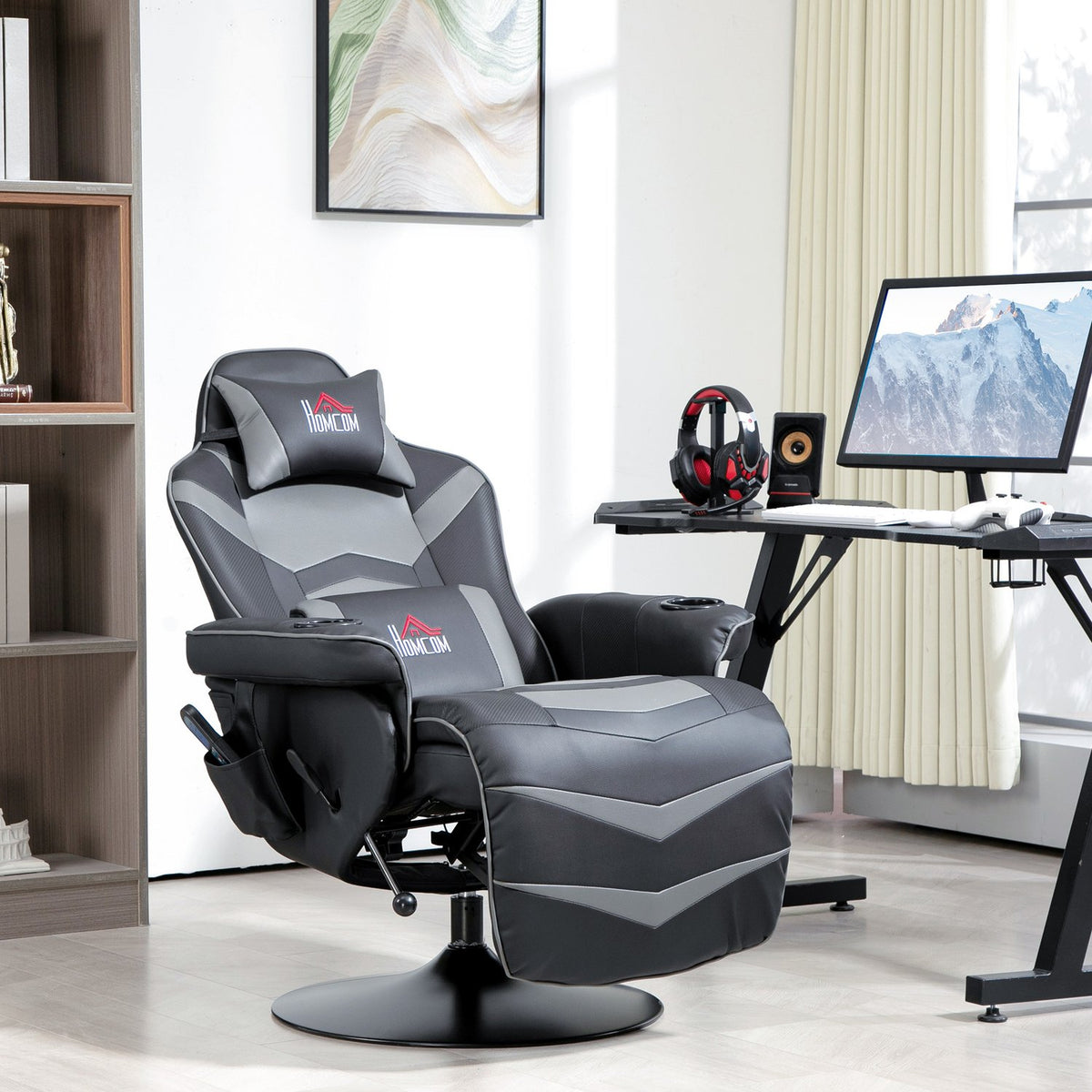 Gaming chair with massage, 360° rotation, 6 massage points, footrest, removable headrest, artificial leather, 79.5 x 82.5 x 111.5 cm, greyAoso