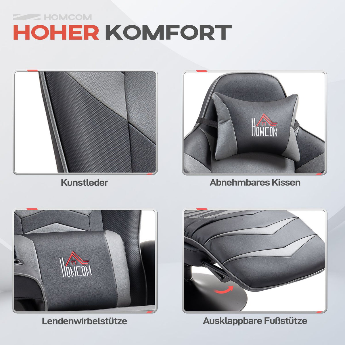 Gaming chair with massage, 360° rotation, 6 massage points, footrest, removable headrest, artificial leather, 79.5 x 82.5 x 111.5 cm, greyAoso