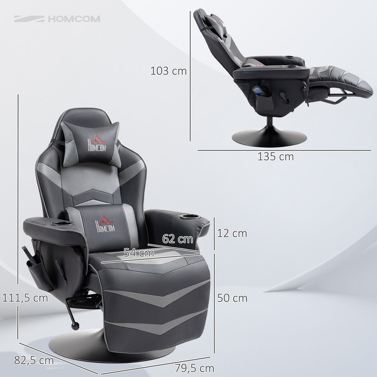 Gaming chair with massage, 360° rotation, 6 massage points, footrest, removable headrest, artificial leather, 79.5 x 82.5 x 111.5 cm, greyAoso