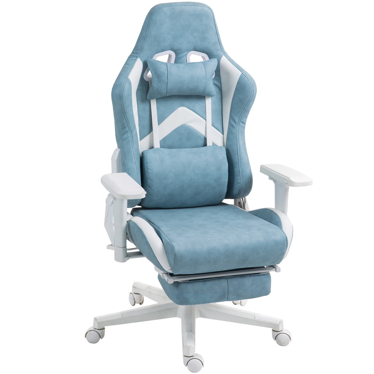 Gaming chair with reclining function, height-adjustable desk chair with head and lumbar cushions, ergonomic gaming chair with extendable footrest, artificial leather, up to 120 kg, blue