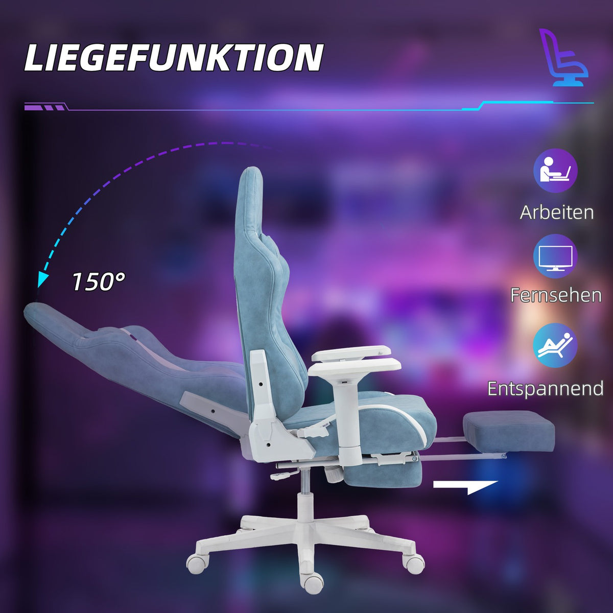 Gaming chair with reclining function, height-adjustable desk chair with head and lumbar cushions, ergonomic gaming chair with extendable footrest, artificial leather, up to 120 kg, blue