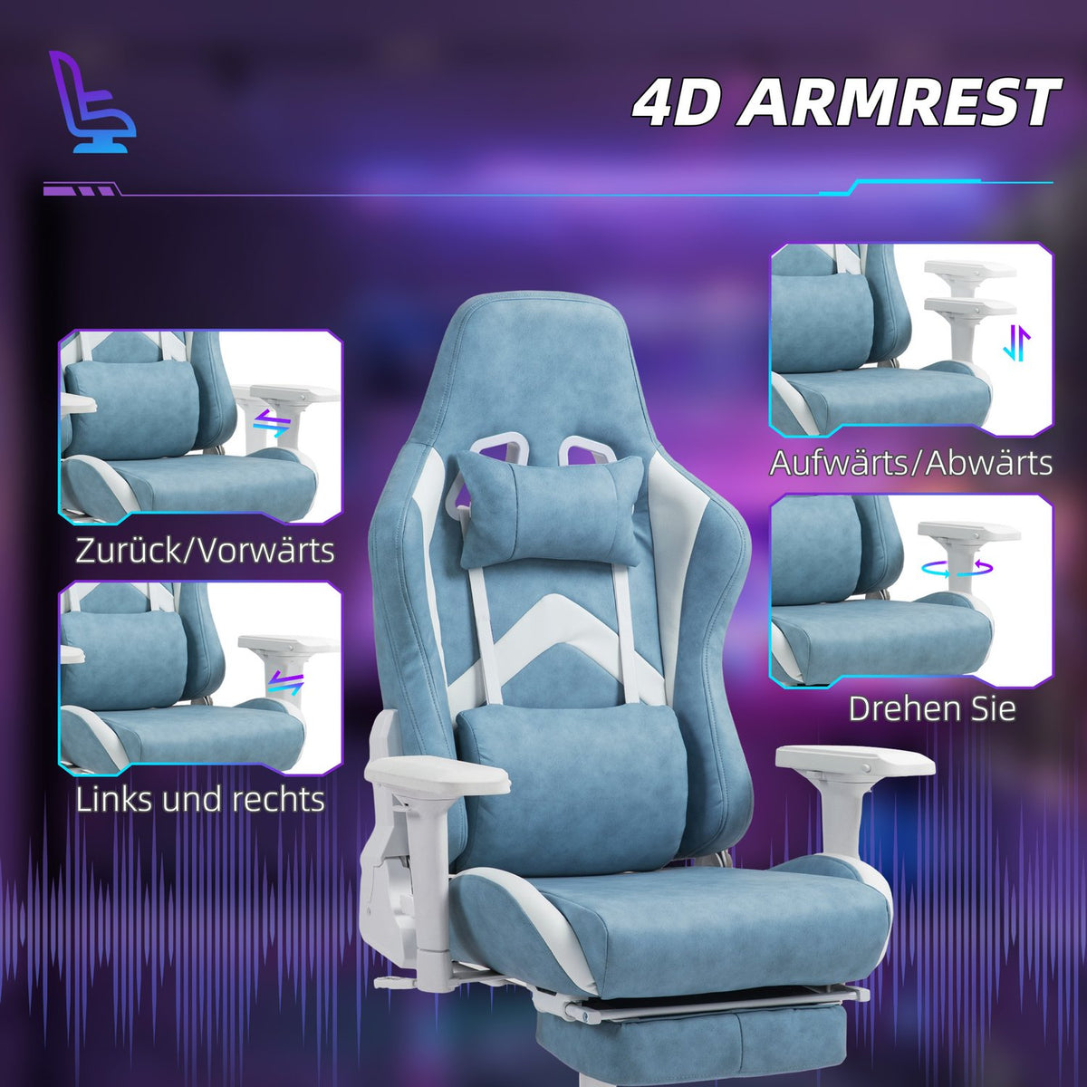 Gaming chair with reclining function, height-adjustable desk chair with head and lumbar cushions, ergonomic gaming chair with extendable footrest, artificial leather, up to 120 kg, blue