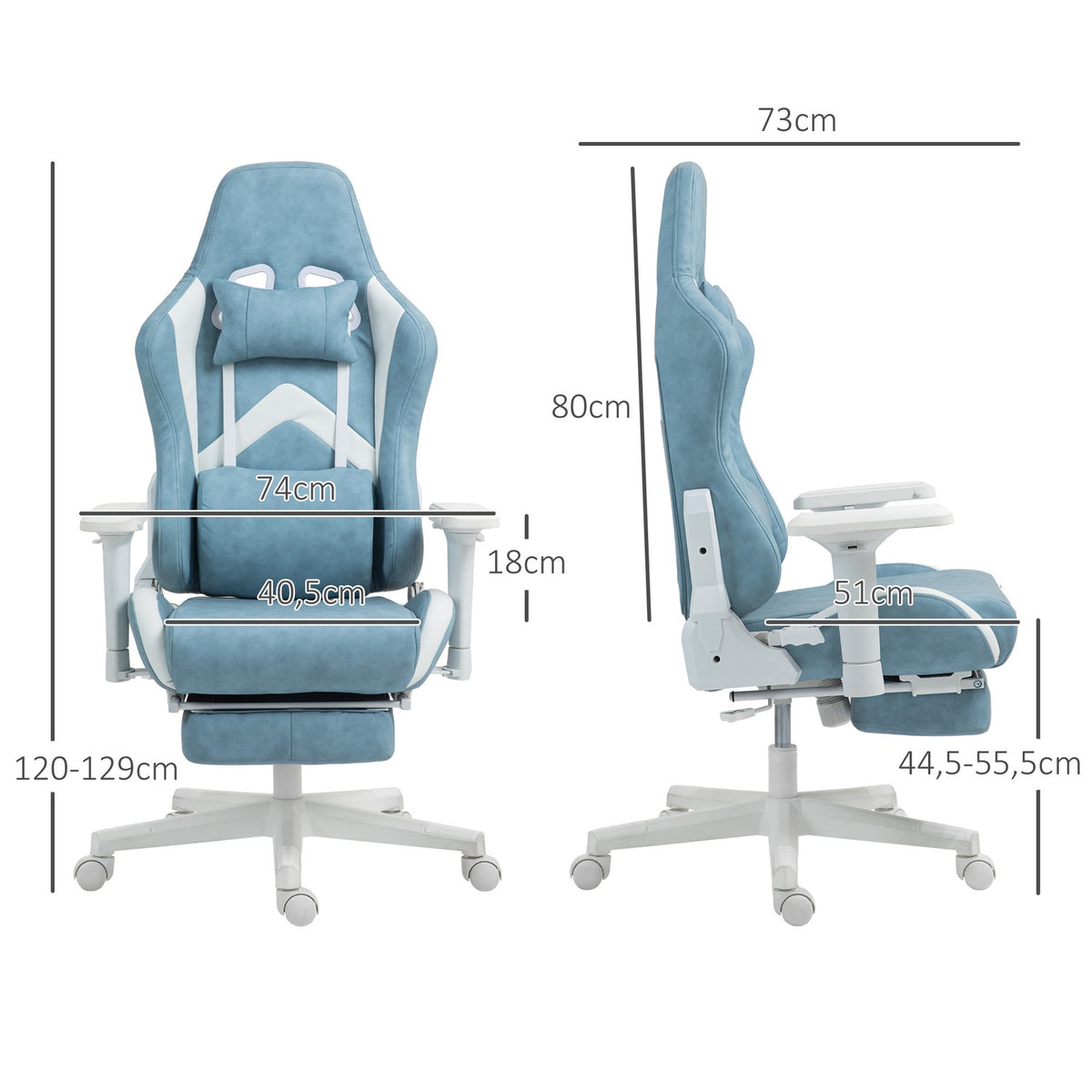Gaming chair with reclining function, height-adjustable desk chair with head and lumbar cushions, ergonomic gaming chair with extendable footrest, artificial leather, up to 120 kg, blue