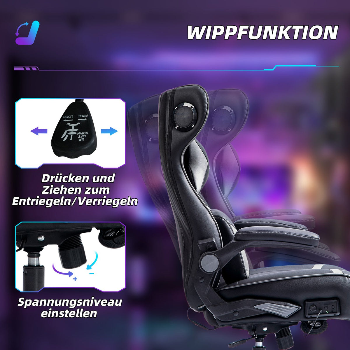 Gaming chair with rocker and leg function, ergonomic computer chair, height-adjustable, rotating desk chair with speaker, load capacity up to 120 kg, black + gray