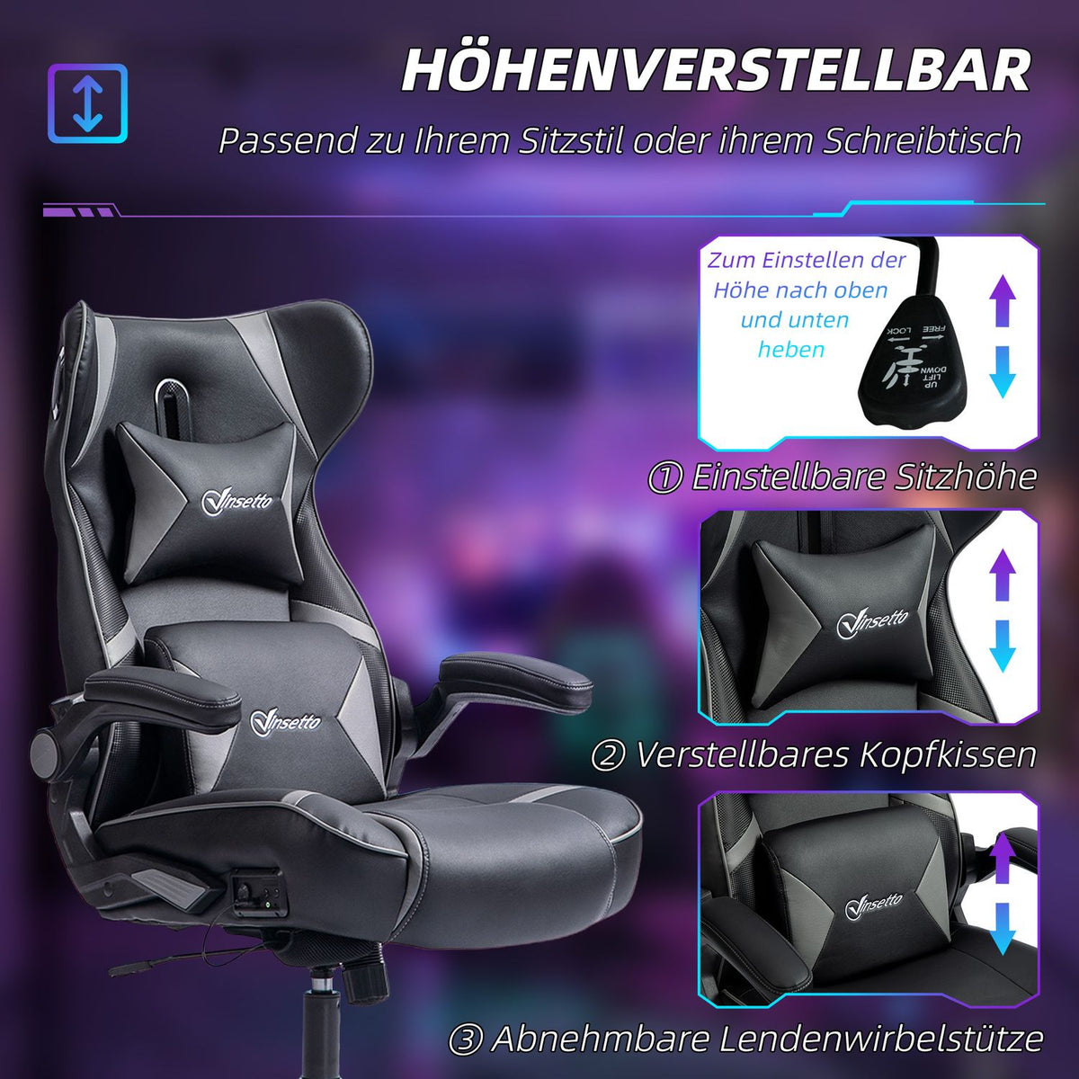 Gaming chair with rocker and leg function, ergonomic computer chair, height-adjustable, rotating desk chair with speaker, load capacity up to 120 kg, black + gray