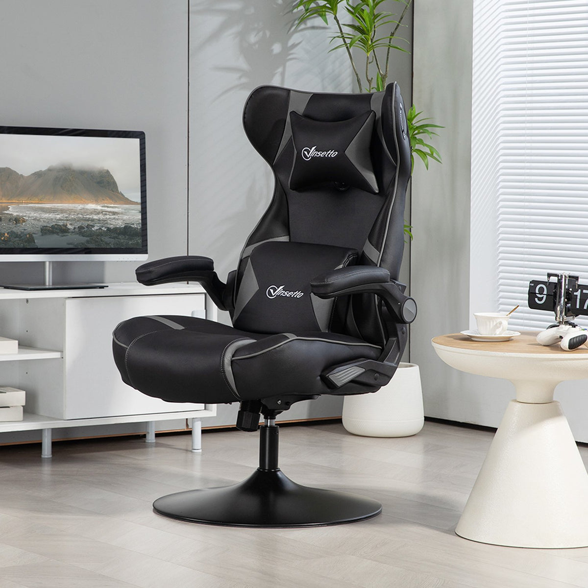 Gaming chair with rocker and leg function, ergonomic computer chair, height-adjustable, rotating desk chair with speaker, load capacity up to 120 kg, black + gray