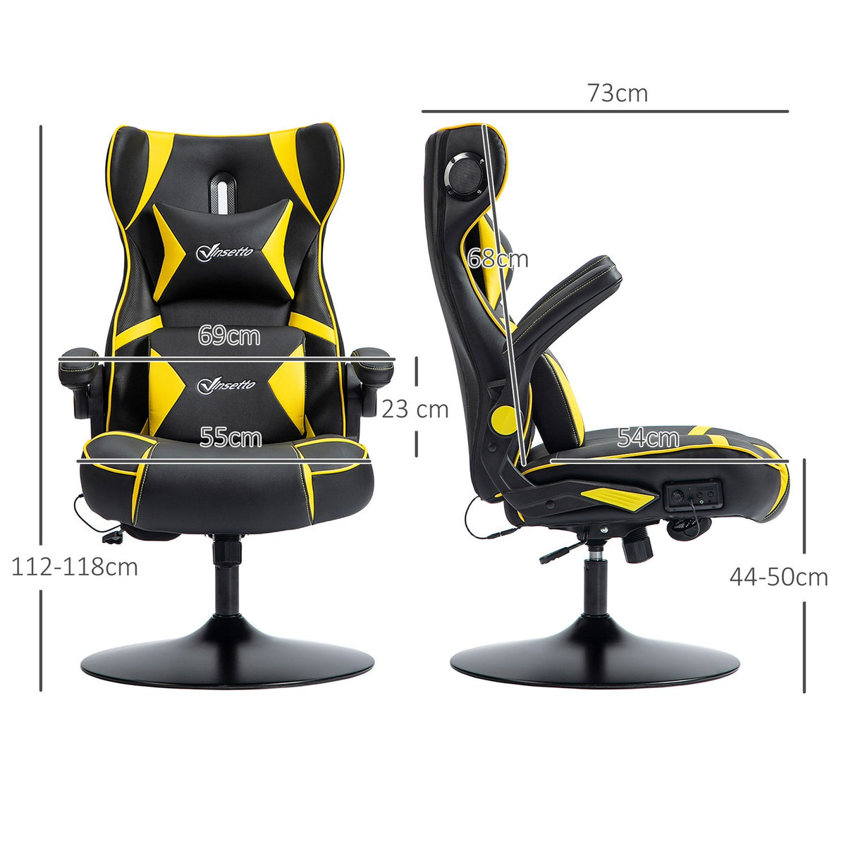 Gaming chair with rocker and leg function, ergonomic computer chair, height-adjustable, rotating desk chair with speaker, load capacity up to 120 kg, black + yellow