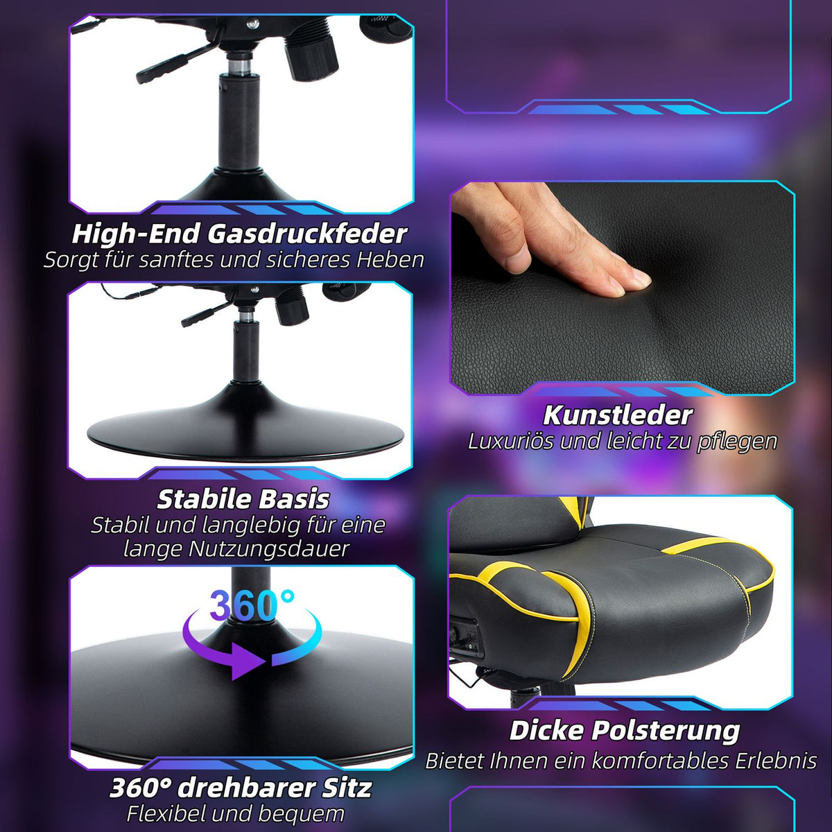Gaming chair with rocker and leg function, ergonomic computer chair, height-adjustable, rotating desk chair with speaker, load capacity up to 120 kg, black + yellow