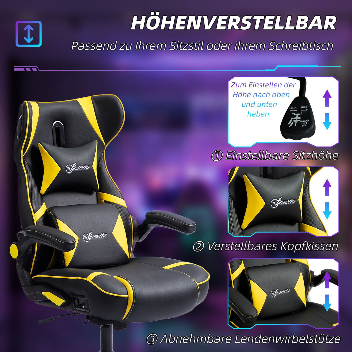Gaming chair with rocker and leg function, ergonomic computer chair, height-adjustable, rotating desk chair with speaker, load capacity up to 120 kg, black + yellow