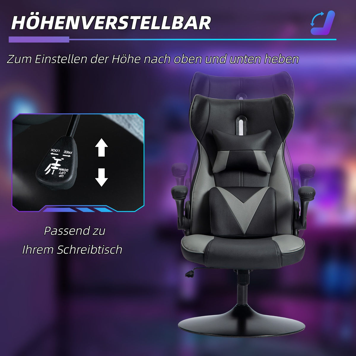 Gaming chair with rocker function, ergonomic computer chair, height-adjustable office chair, rotating desk chair with head and lumbar cushion, load capacity up to 120 kg, black + gray