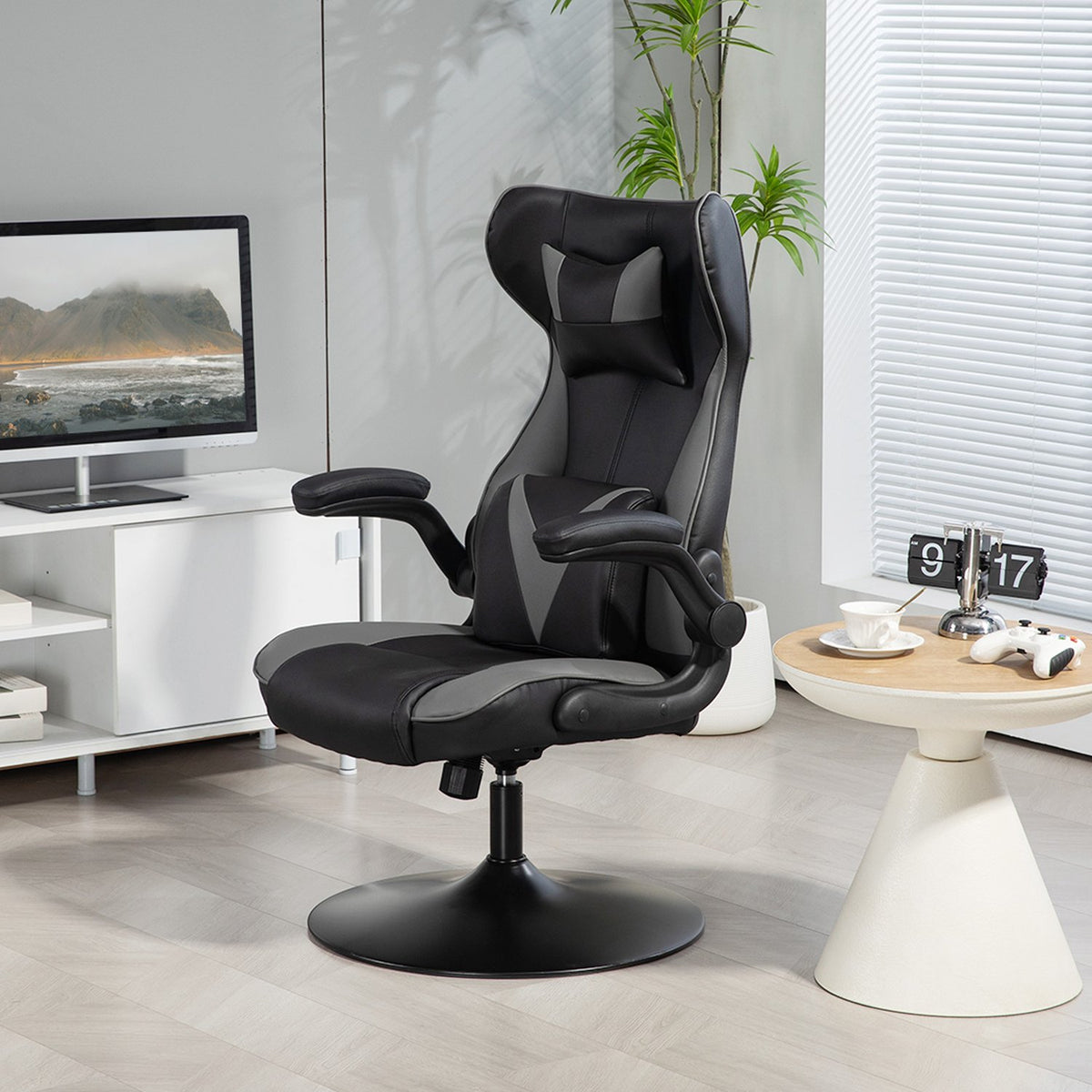 Gaming chair with rocker function, ergonomic computer chair, height-adjustable office chair, rotating desk chair with head and lumbar cushion, load capacity up to 120 kg, black + gray