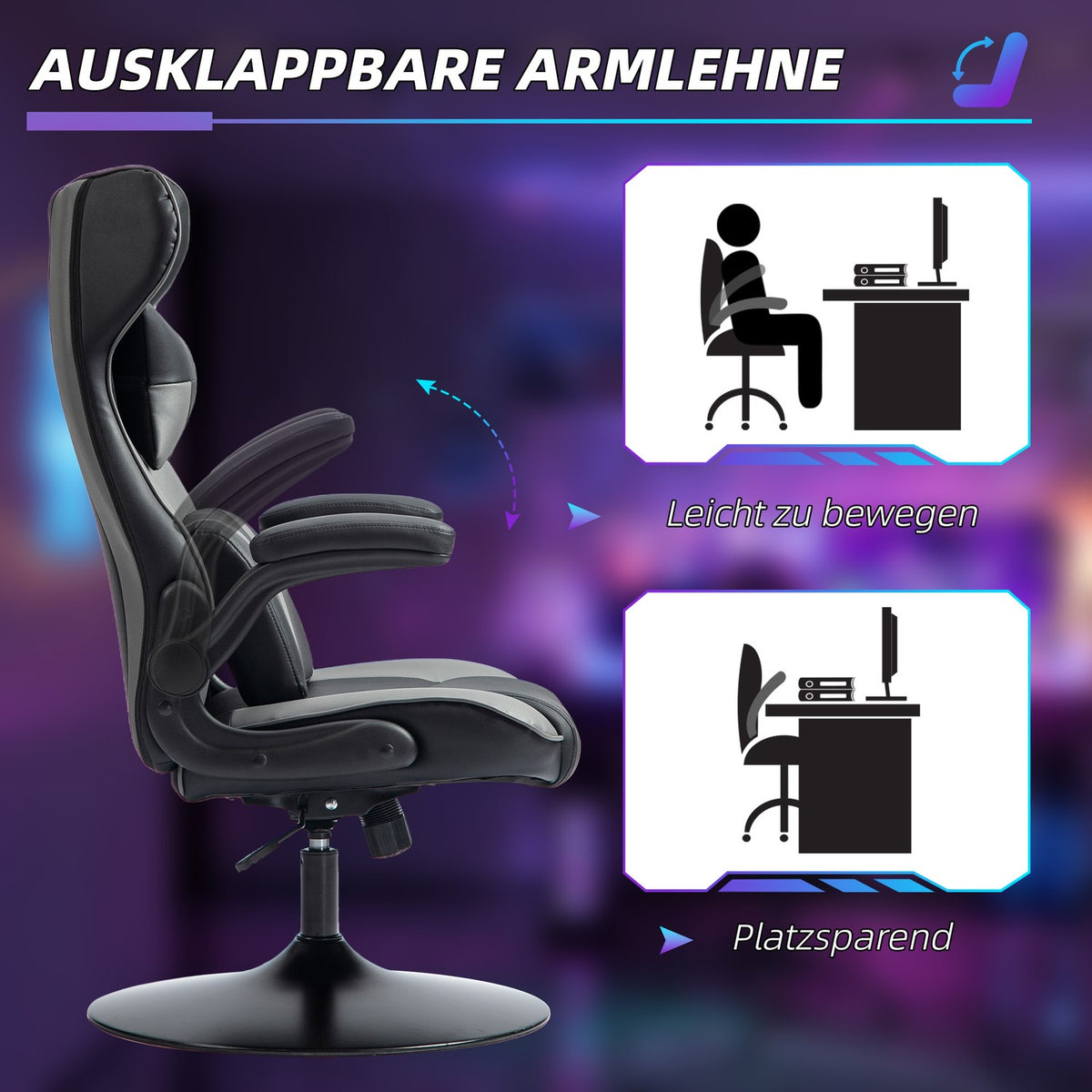 Gaming chair with rocker function, ergonomic computer chair, height-adjustable office chair, rotating desk chair with head and lumbar cushion, load capacity up to 120 kg, black + gray