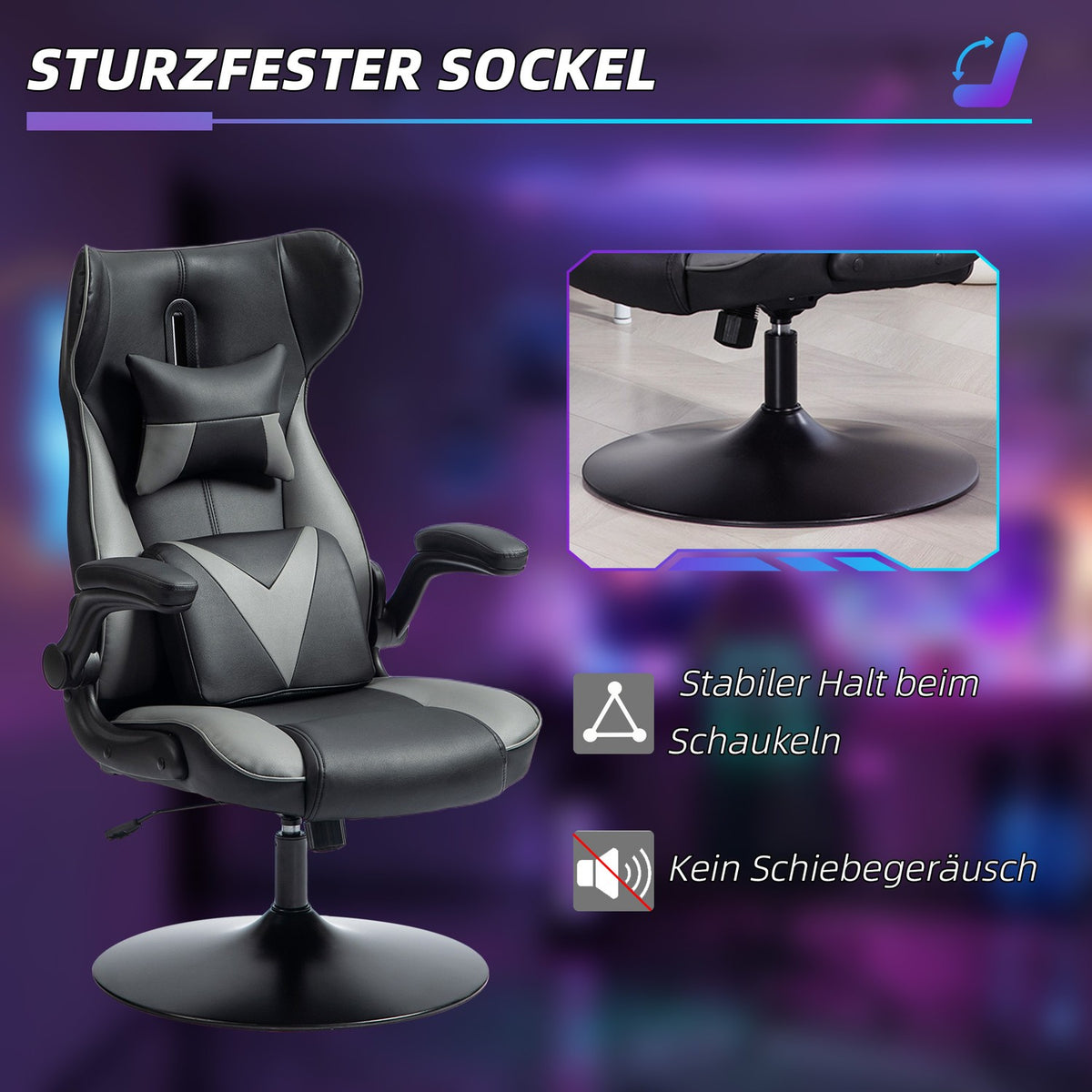 Gaming chair with rocker function, ergonomic computer chair, height-adjustable office chair, rotating desk chair with head and lumbar cushion, load capacity up to 120 kg, black + gray