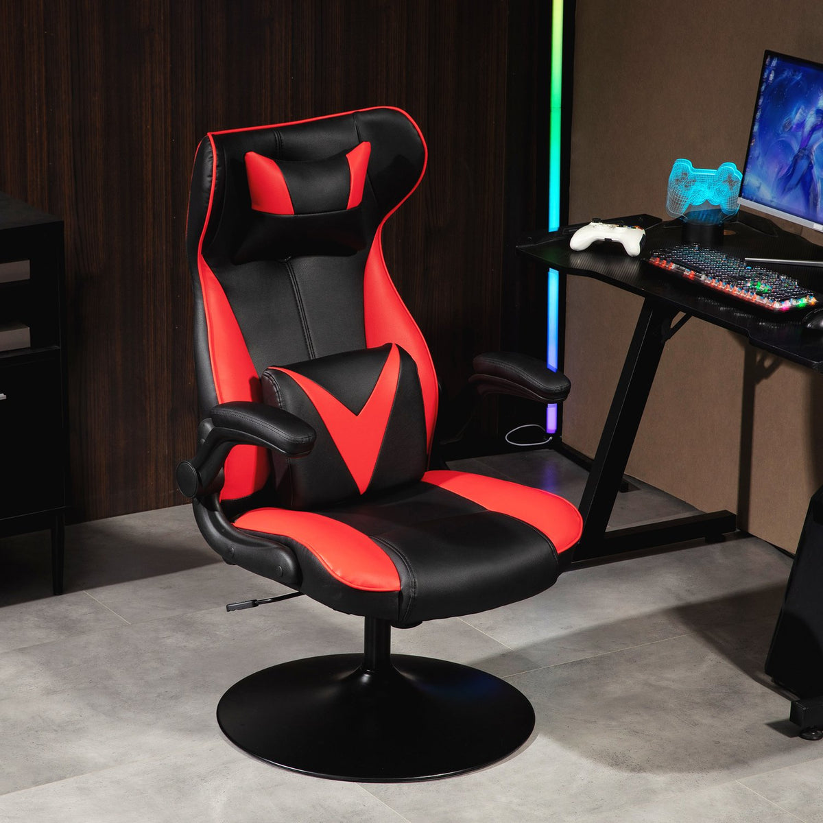 Gaming chair with rocker function, ergonomic computer chair, height-adjustable office chair, rotating desk chair with head and lumbar cushion, load capacity up to 120 kg, black + red