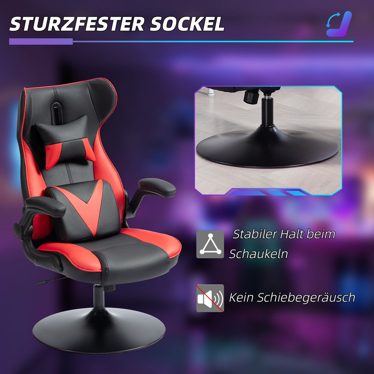 Gaming chair with rocker function, ergonomic computer chair, height-adjustable office chair, rotating desk chair with head and lumbar cushion, load capacity up to 120 kg, black + red