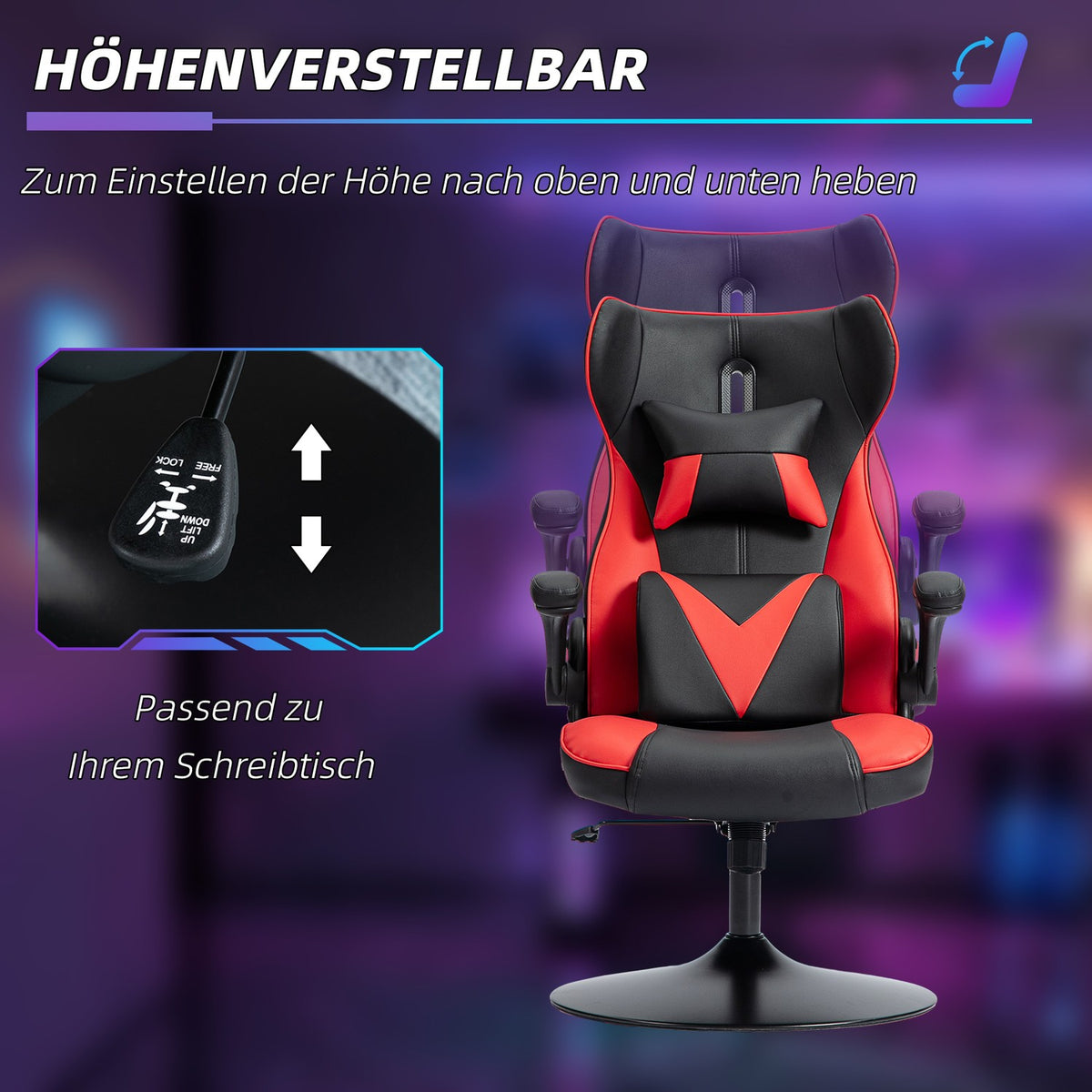 Gaming chair with rocker function, ergonomic computer chair, height-adjustable office chair, rotating desk chair with head and lumbar cushion, load capacity up to 120 kg, black + red