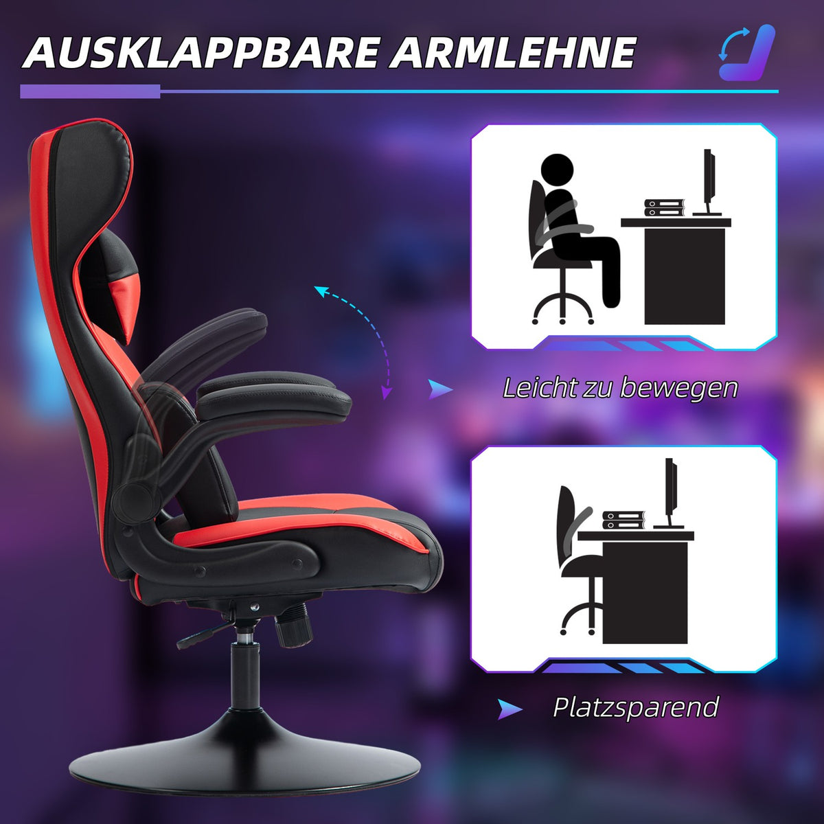 Gaming chair with rocker function, ergonomic computer chair, height-adjustable office chair, rotating desk chair with head and lumbar cushion, load capacity up to 120 kg, black + red