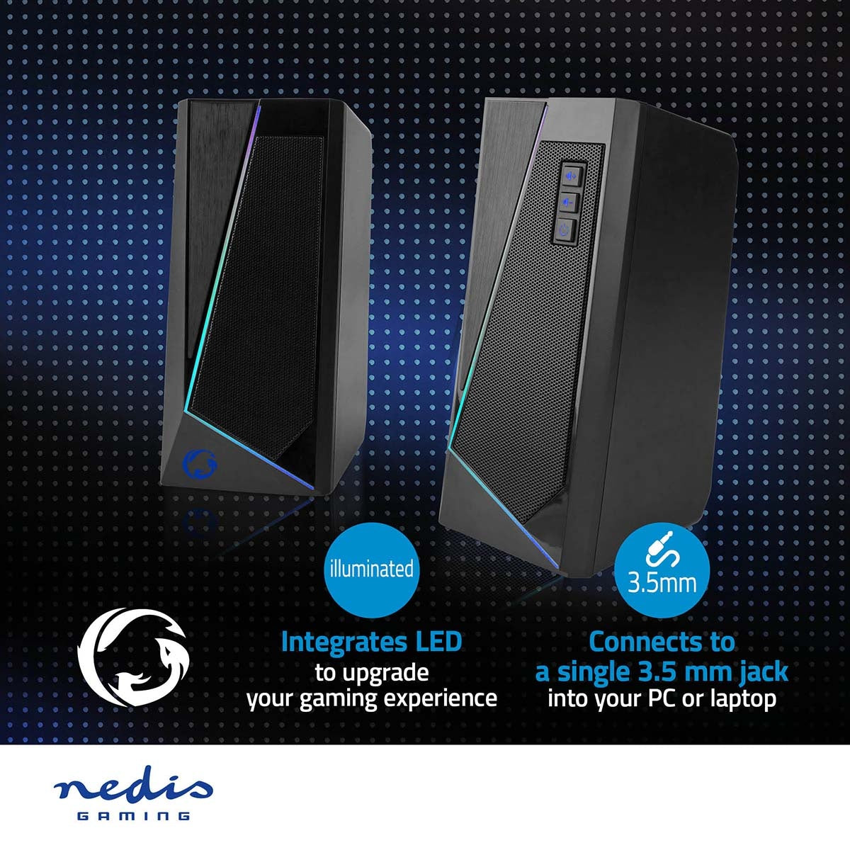Gaming speakers | Speaker channels: 2.0 | USB Power | 3.5 mm Male | 18 W| LEDs | Volume control