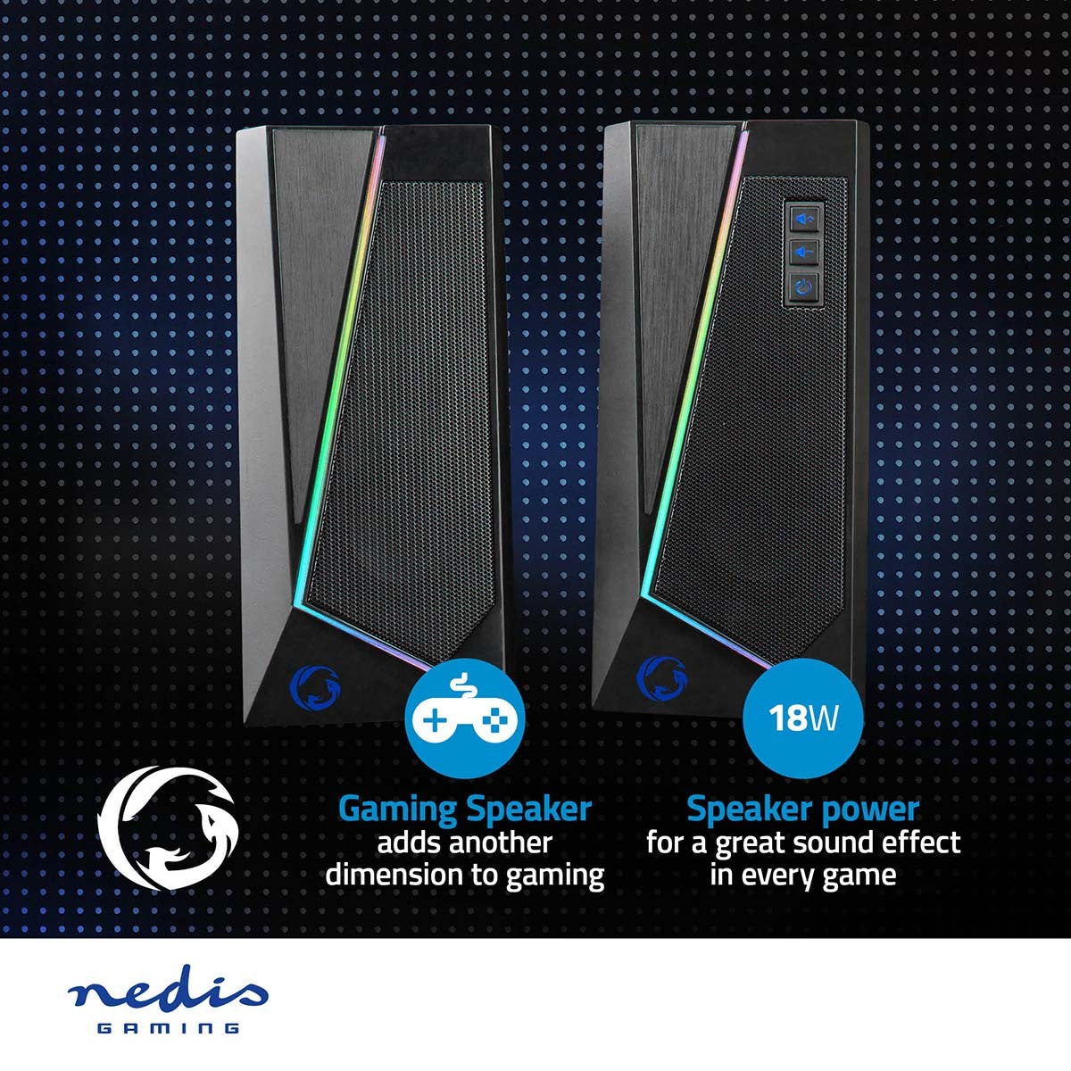 Gaming speakers | Speaker channels: 2.0 | USB Power | 3.5 mm Male | 18 W| LEDs | Volume control