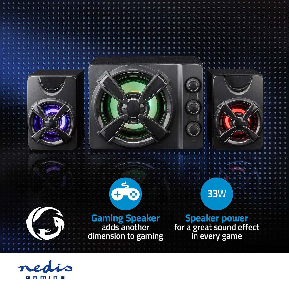 Gaming speakers | Speaker channels: 2.1 | USB Power | 3.5 mm Male | 33 W| LEDs | Volume control