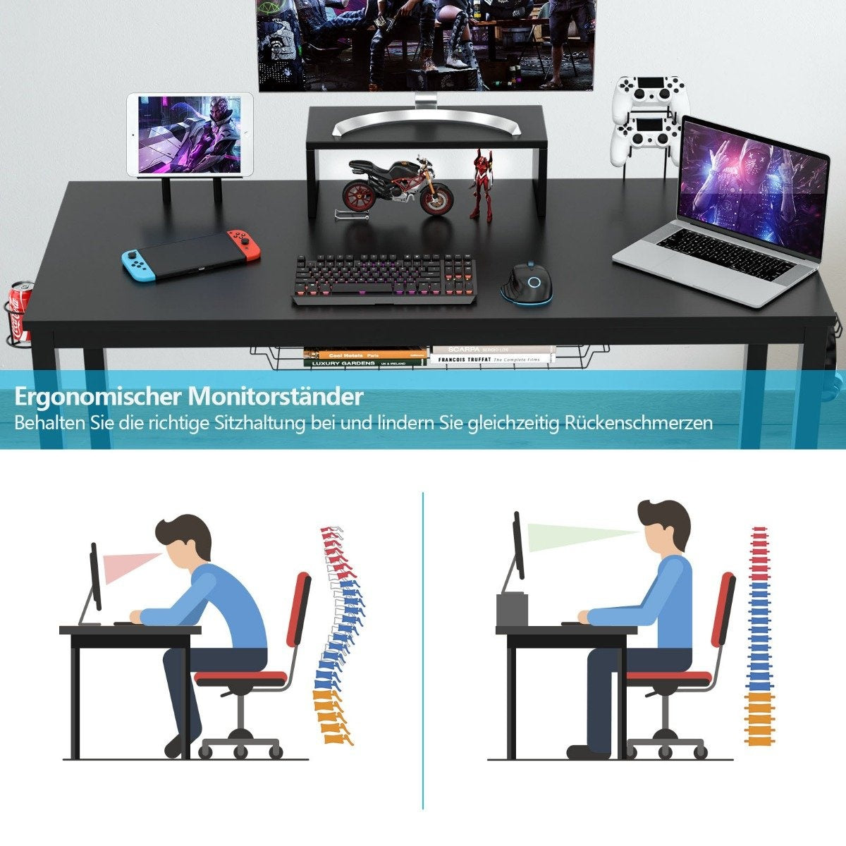 Gaming table 140 cm gaming desk with monitor shelf 155 x 60 x 94 cm black