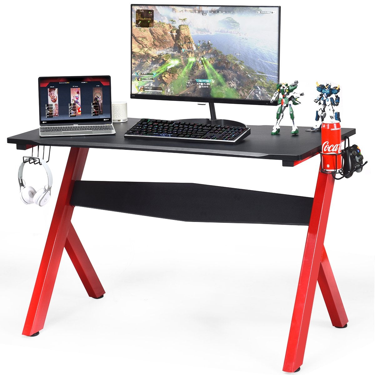 Gaming table computer table gaming desk with cup and headphone holder and mouse pad for home office playroom