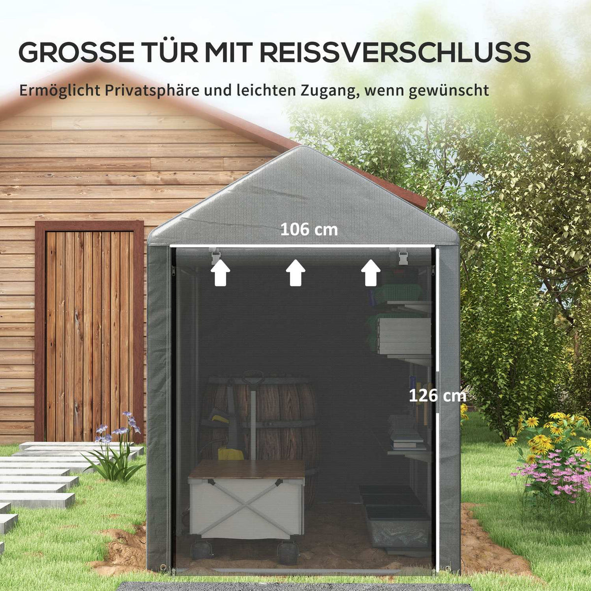 Garage Tent, 1.2 x 1.79 x 1.65 m Storage Tent with UV Protection, Large Zip Door, Waterproof Foil Garage for Garden Tools, Steel