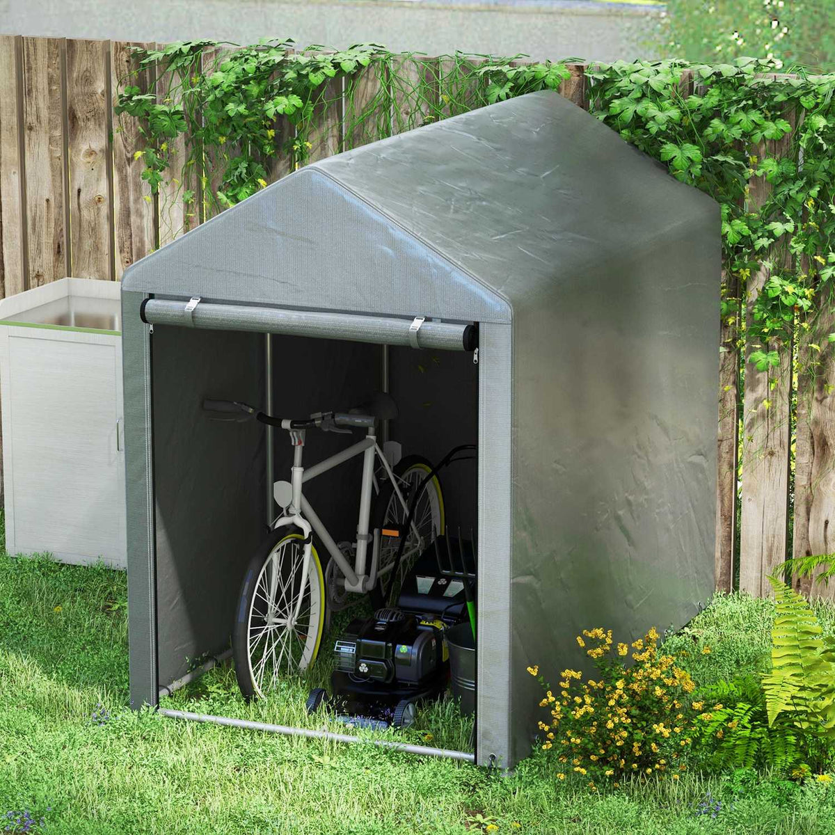 Garage Tent, 1.2 x 1.79 x 1.65 m Storage Tent with UV Protection, Large Zip Door, Waterproof Foil Garage for Garden Tools, Steel